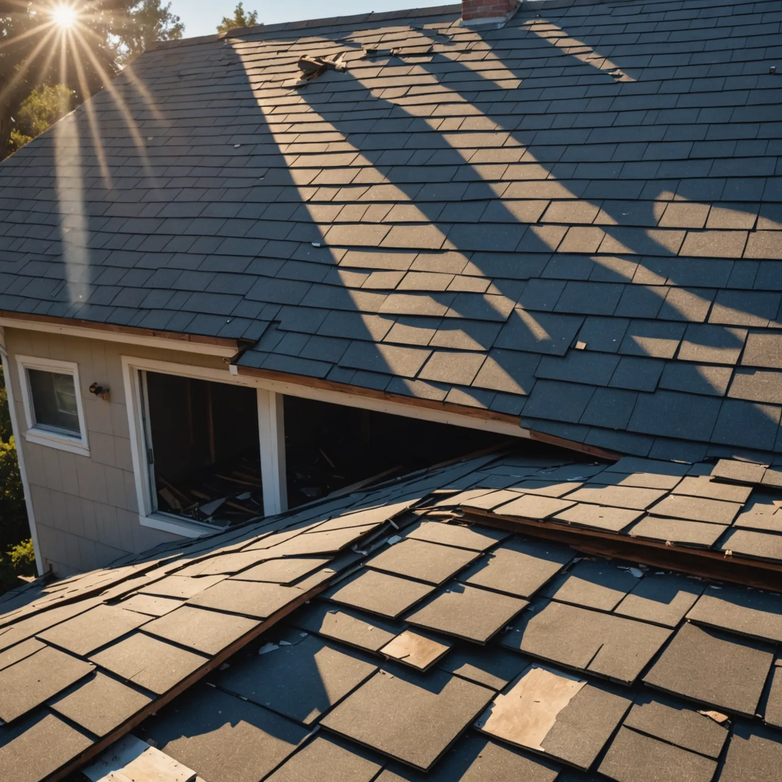 Damaged Los Angeles roof with missing shingles and water stains