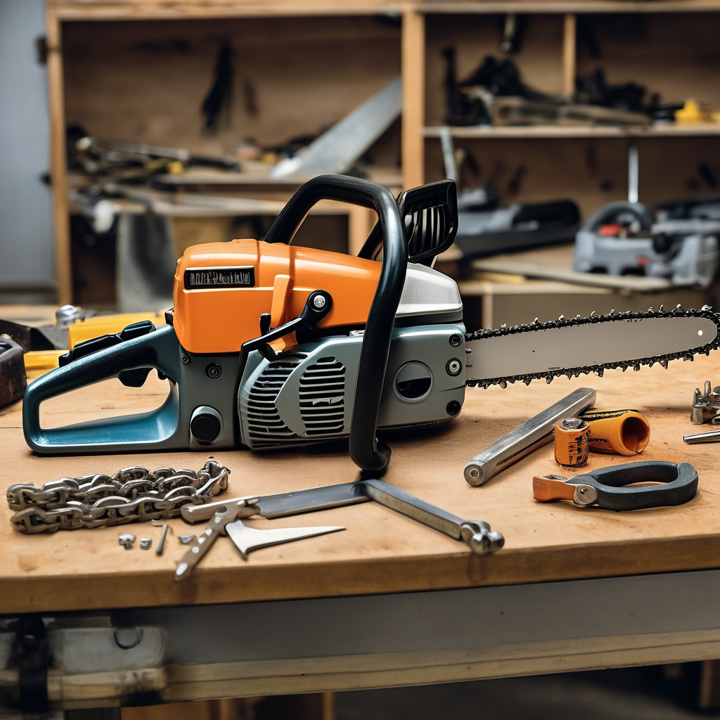 Майстер ремонтує бензопилу у сервісному центрі Чернівців, запчастини та інструмент