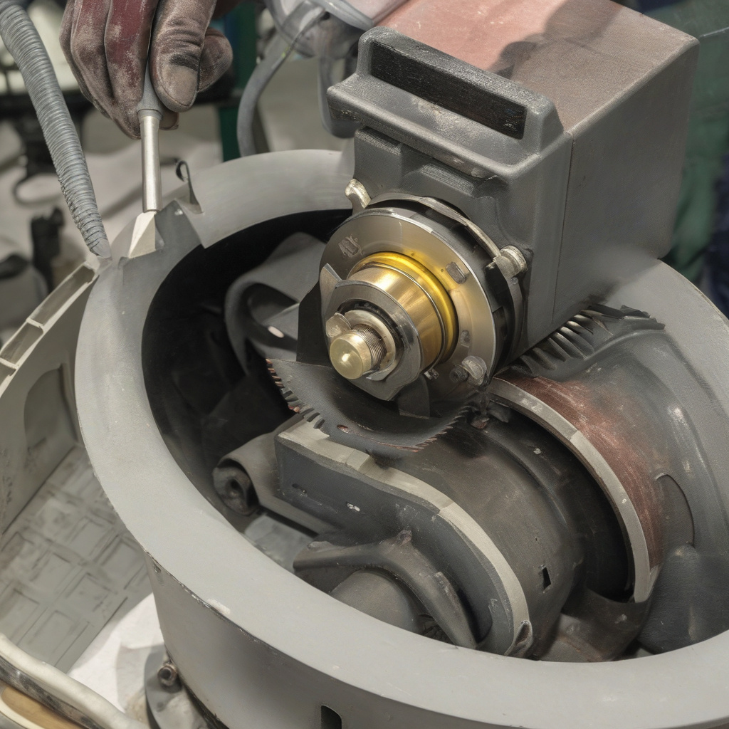 Майстер діагностує двигун шліфувальної машини, крупний план, інструменти поруч