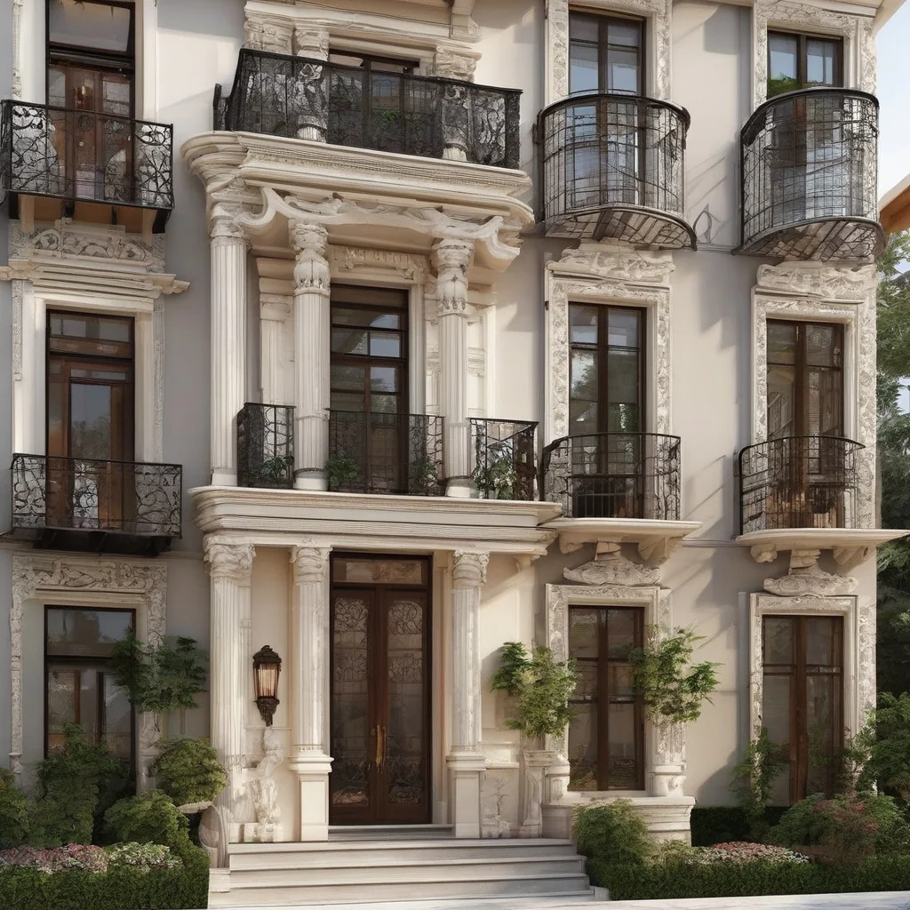 Finished antique-inspired facade with coordinated architectural elements Completed exterior concept with balanced classical renovation details
